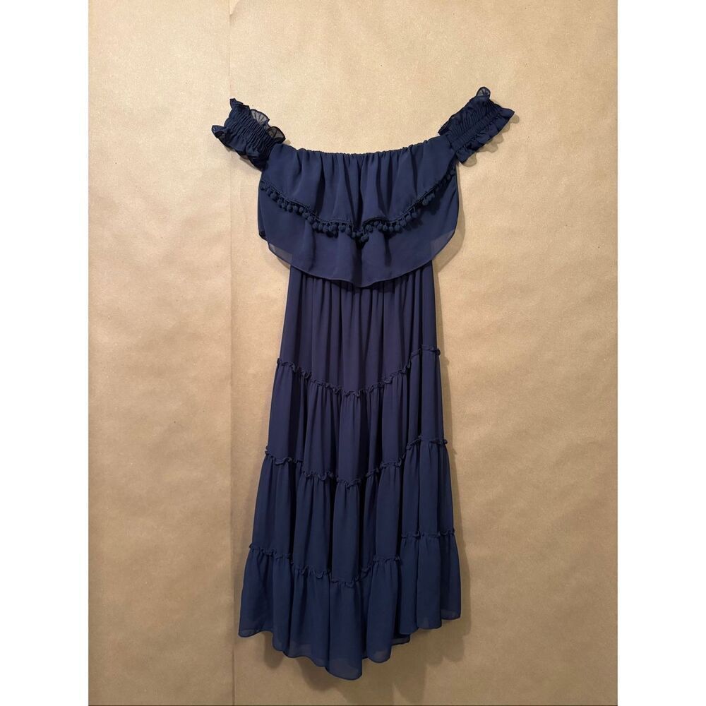 Misa Los Angeles Navy Off-Shoulder Midi Dress